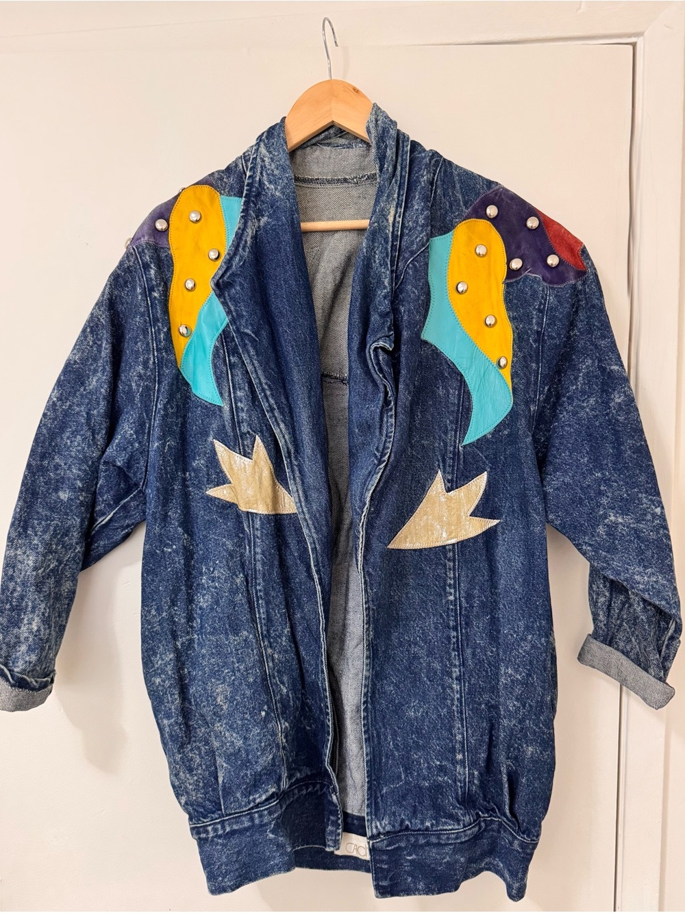 Vintage 80s Côté Acid Wash Denim Jacket Colorblock Studded USA Made M